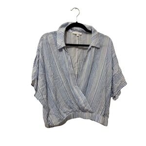 June & Hudson Blue Striped Surplice Blouse Collared Short Sleeve Top